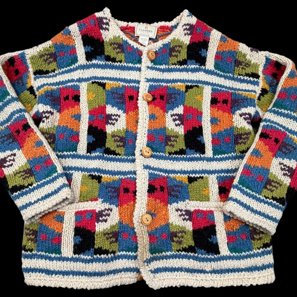 Express Tricot Sweaters - Vintage Express Tricot Cardigan Womens M/L Patchwork Wool Chunky Hand Knit READ